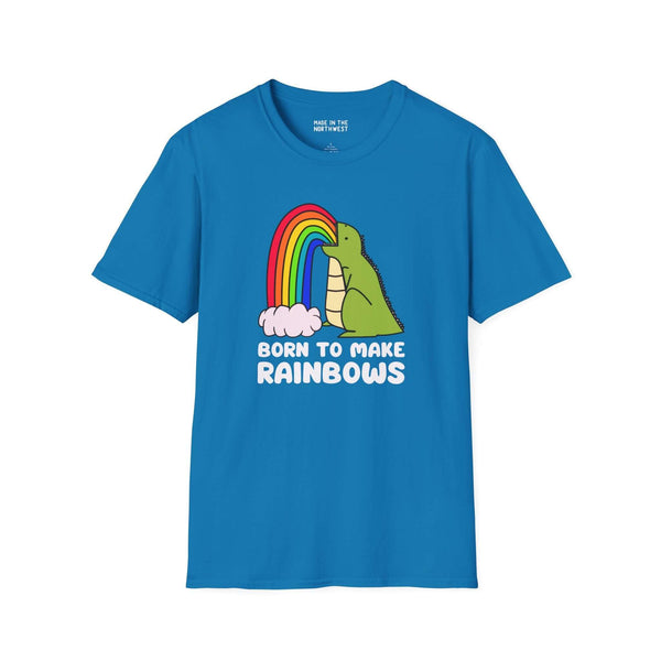 Born to Make Rainbows dinosaur t-shirt, colorful design with rainbow, perfect for adults embracing uniqueness and fun.
