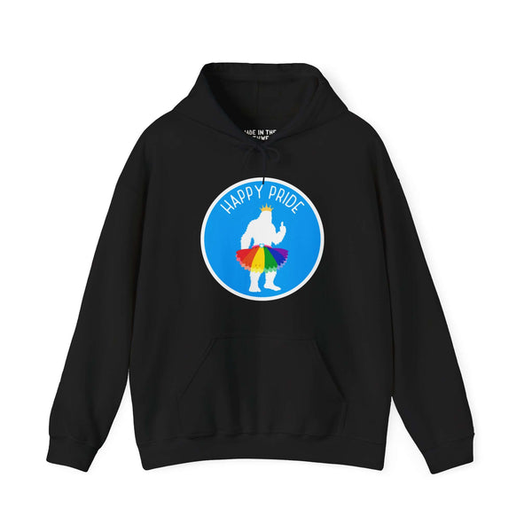 "Bigfoot's Pride Parade Hoodie with rainbow tutu and crown design on a black sweatshirt, featuring 'Happy Pride' text"