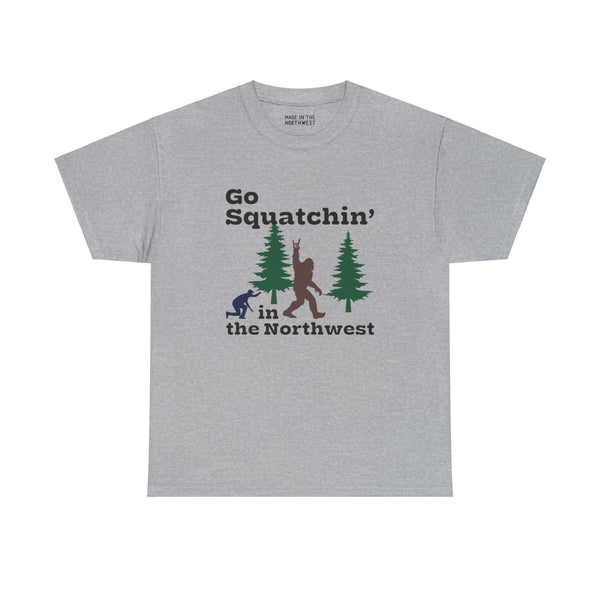 "Go Squatchin' in the Northwest athletic tee with Sasquatch design on gray fabric for Bigfoot enthusiasts"