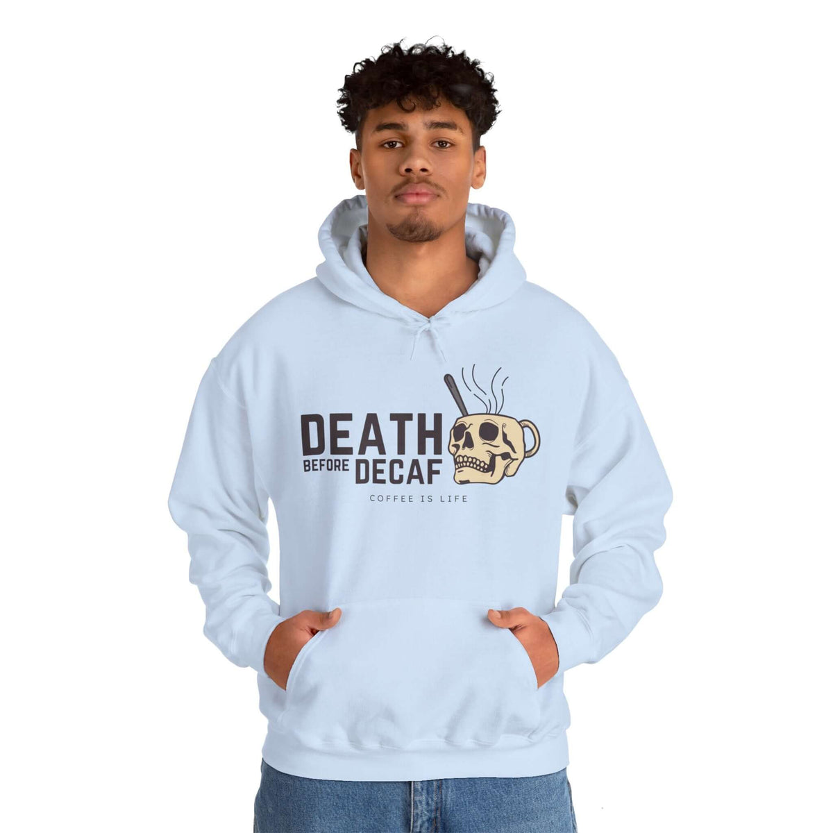 "Death Before Decaf Skull Mug Hoodie for coffee enthusiasts, featuring bold design and caffeine-inspired message."