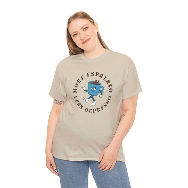 Person wearing "More Espresso Less Depresso" athletic tee, showcasing playful coffee-themed design for espresso lovers.