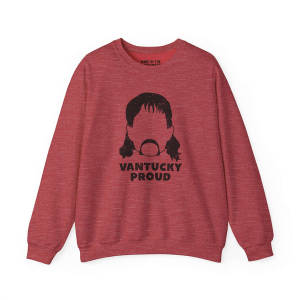 Rusty McCoy sweatshirt in red, featuring Vantucky Proud design, embodying resilience and hardworking spirit.