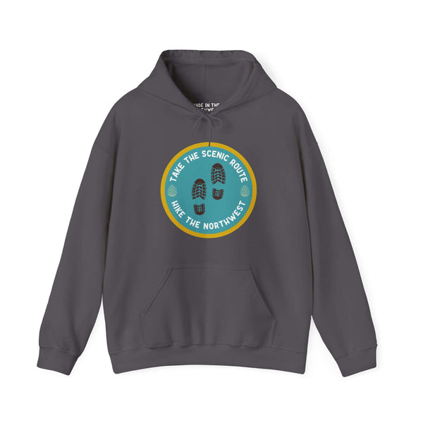 Charcoal hoodie with "Take the Scenic Route - Hike the Northwest" design, ideal for Pacific Northwest adventures.