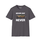 Never Say Never Vintage Van Softstyle T-Shirt featuring a Dodge Caravan graphic on a gray background.