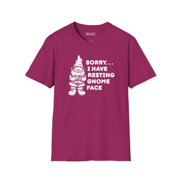 Resting gnome face t shirt featuring a whimsical gnome and the phrase 'Sorry... I have resting gnome face.'