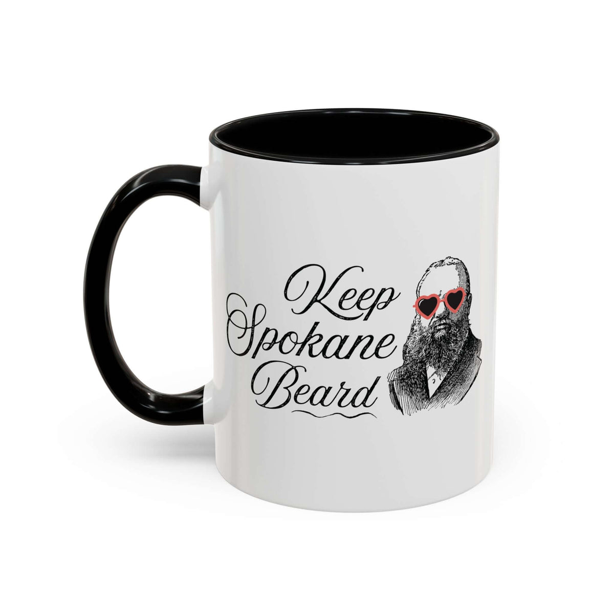 Keep Spokane Beard Ceramic Coffee Mug with vintage bearded design and heart-shaped sunglasses.