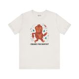 I Brake for Bigfoot soft tee featuring a whimsical Sasquatch design, perfect for adventure lovers and folklore enthusiasts.