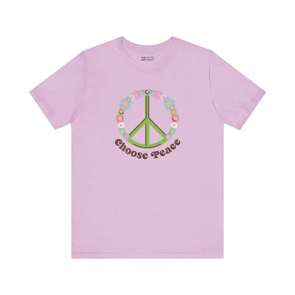 Choose Peace Premium Soft Tee with green peace sign and colorful flowers on a lavender shirt.