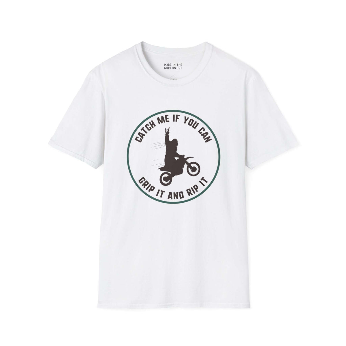 Sasquatch motocross t-shirt with 'Catch Me If You Can' logo, perfect for riders who love adventure and mystery.