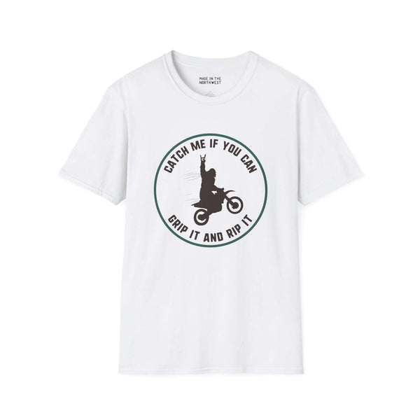 Sasquatch motocross t-shirt with 'Catch Me If You Can' logo, perfect for riders who love adventure and mystery.