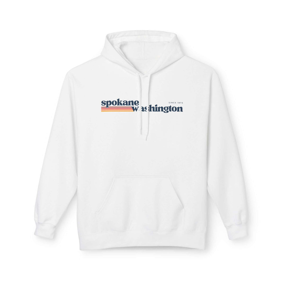 Retro Spokane Hoodie – Minimalist design featuring Spokane Washington graphic and retro stripes on a white background.