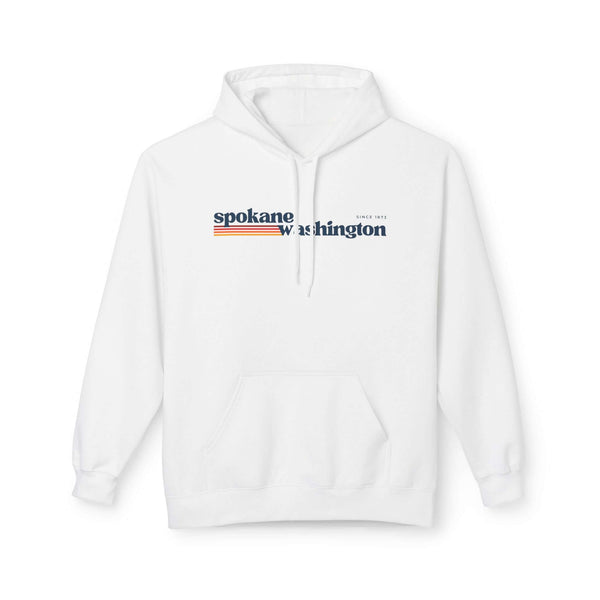 Retro Spokane Hoodie – Minimalist design featuring Spokane Washington graphic and retro stripes on a white background.