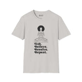 Softstyle t-shirt featuring a spiritual graphic and the phrase 'Ask. Believe. Receive. Repeat.' promoting positivity.