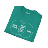 Green Venn Diagram t-shirt featuring 'Serial Killers', 'Moms', and 'People Who Collect Hair & Teeth' design.