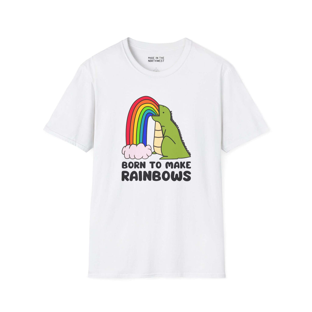 Born to Make Rainbows dinosaur t-shirt featuring a colorful dinosaur and rainbow design, perfect for fun-loving adults.