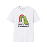 Born to Make Rainbows dinosaur t-shirt featuring a colorful dinosaur and rainbow design, perfect for fun-loving adults.