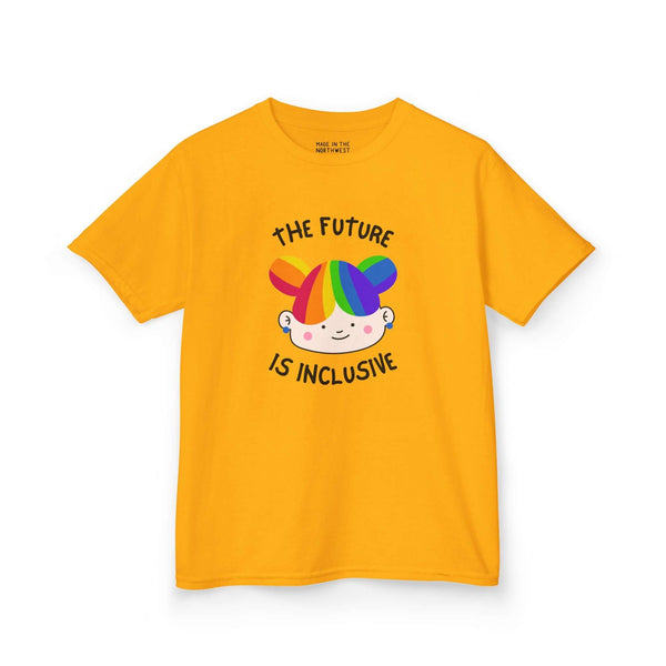 Bright yellow kids' tee with 'The Future is Inclusive' message and colorful character design, promoting kindness and acceptance.