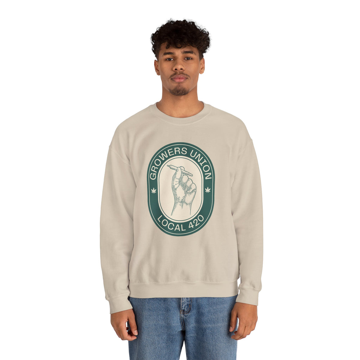 Grower's Union Local 420 cozy sweatshirt with illustrated hand holding a joint, perfect for 420 culture enthusiasts.
