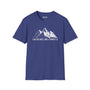 Unisex softstyle t-shirt in navy with 'I Like Big Hikes and I Cannot Lie' text and mountain graphic.