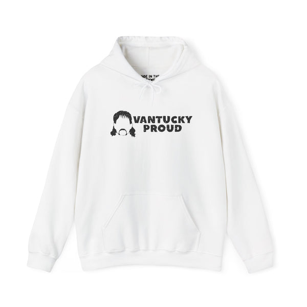 Vantucky Proud Rusty McCoy cozy hoodie in white with graphic print, representing resilience and pride.