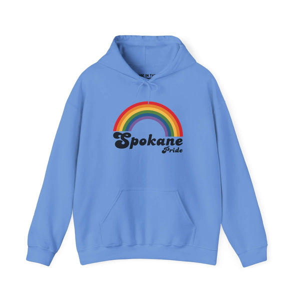 Retro Spokane Pride hoodie with rainbow design, celebrating love and inclusivity in the LGBTQ+ community.