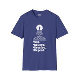 Ask Believe Receive Repeat Softstyle T-Shirt featuring a spiritual graphic on a deep blue tee.