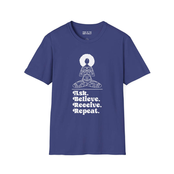 Ask Believe Receive Repeat Softstyle T-Shirt featuring a spiritual graphic on a deep blue tee.
