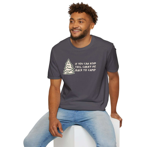 Man wearing 'If You Can Read This' camping t-shirt with tree design, perfect for outdoor enthusiasts.