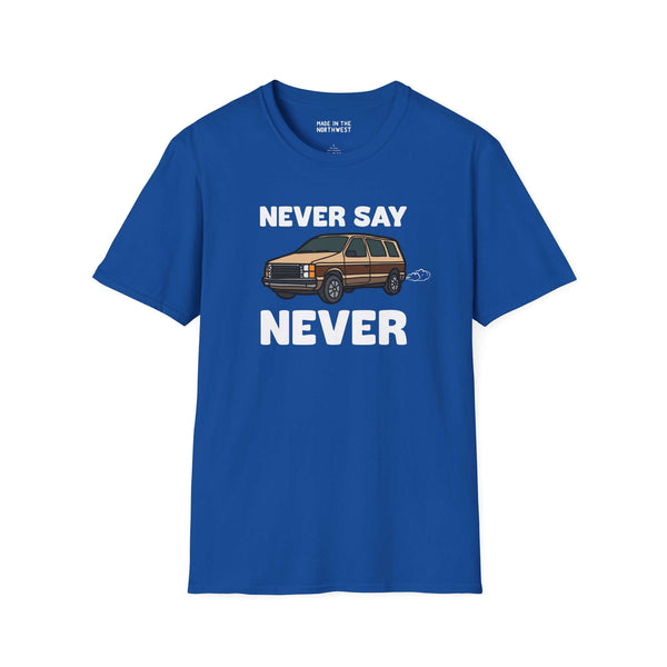 Never Say Never Vintage Van Softstyle T-Shirt in blue featuring a Dodge Caravan graphic and playful text.