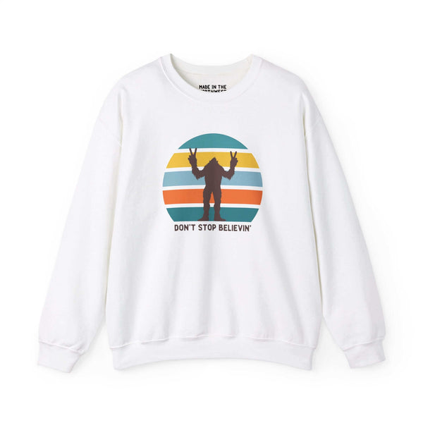 White sweatshirt with Bigfoot silhouette and 