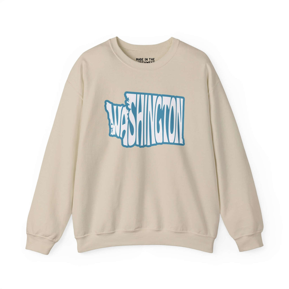 Beige sweatshirt featuring Washington typography shaped like the state, showcasing Pacific Northwest pride.