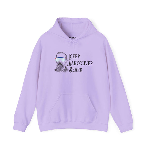 Keep Vancouver Beard hoodie in lavender featuring a vintage bearded icon and stylish wraparounds.