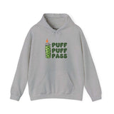 Puff Puff Pass cannabis hooded sweatshirt with lighter and marijuana leaf design, perfect for chill vibes.