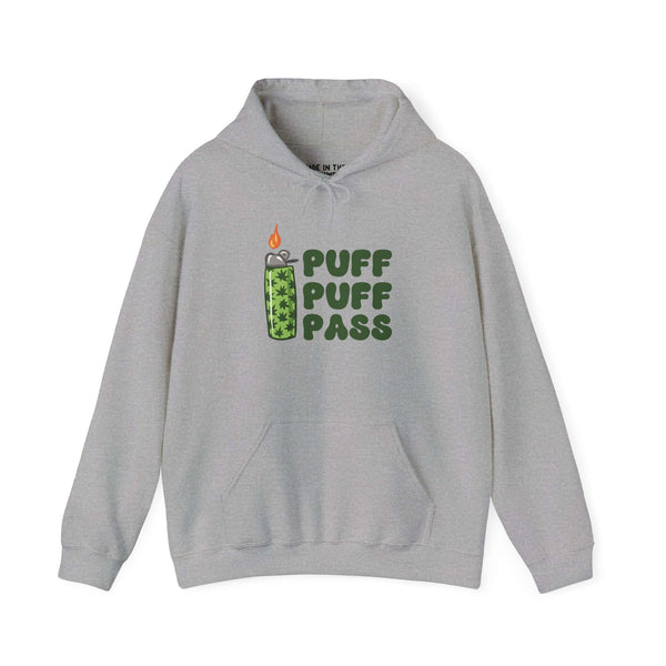 Puff Puff Pass cannabis hooded sweatshirt with lighter and marijuana leaf design, perfect for chill vibes.