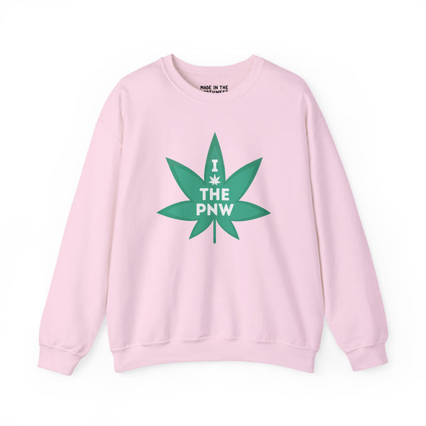 Pink sweatshirt with a bold green marijuana leaf and 'I THE PNW' graphic, celebrating Pacific Northwest love.