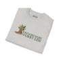 Unisex softstyle t-shirt featuring watercolor hiking boot design with ferns and flowers, saying 'Explore More Worry Less'.