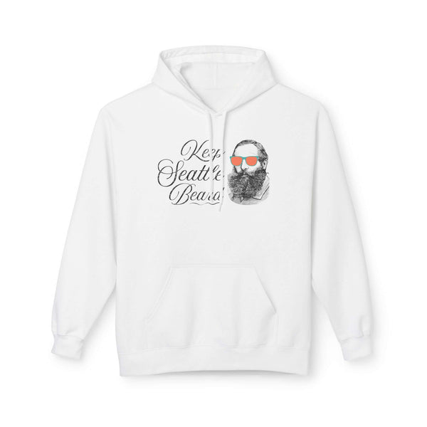 Keep Seattle Beard Hoodie featuring a vintage-style design of a bearded man in funky shades.