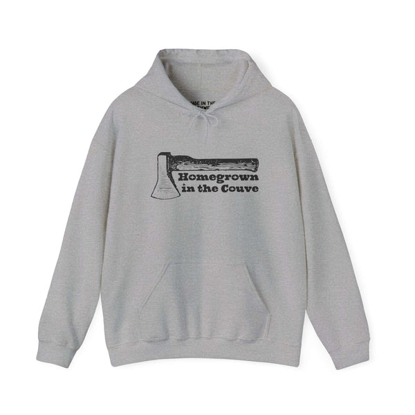 Homegrown in the Couve hoodie in gray featuring a bold illustrated axe, ideal for Pacific Northwest pride.