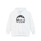 Made in the PNW hoodie featuring a mountain graphic, perfect for showcasing Pacific Northwest outdoor pride.