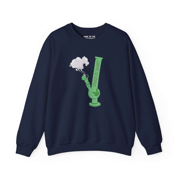Toke It Easy sweatshirt featuring a green bong graphic and marijuana leaf, embodying laid-back cannabis culture.