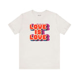 Love Is Love T Shirt with retro colorful graphics showcasing a joyful message of pride and positivity.