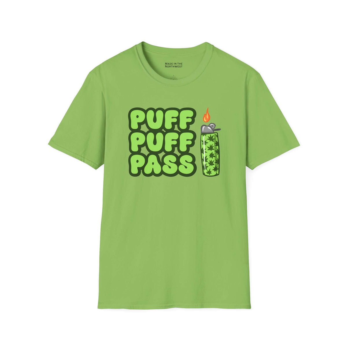 Puff Puff Pass T Shirt – Retro cannabis graphic tee in vibrant green with bold playful lettering.