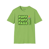 Puff Puff Pass T Shirt – Retro cannabis graphic tee in vibrant green with bold playful lettering.