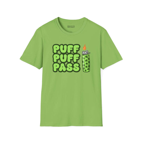 Puff Puff Pass T Shirt – Retro cannabis graphic tee in vibrant green with bold playful lettering.