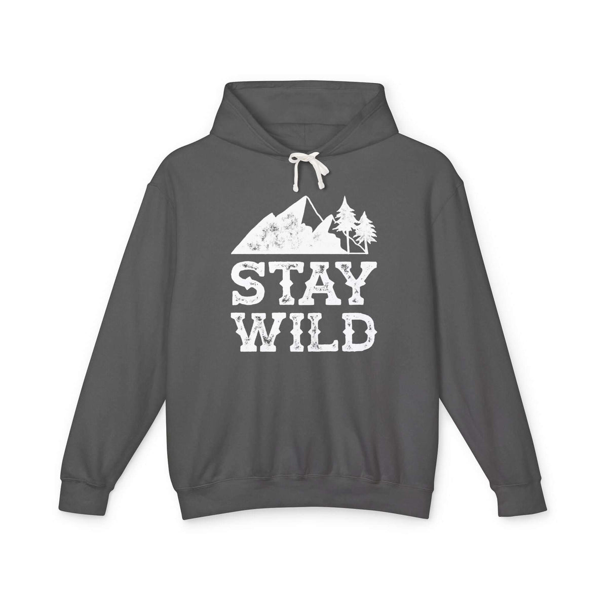 Stay Wild hoodie with mountain and tree graphic on a gray sweatshirt.