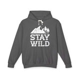 Stay Wild hoodie with mountain and tree graphic on a gray sweatshirt.