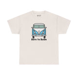 Born to Roam athletic tee featuring classic vanagon bus design with peace sign, ideal for wanderers and adventurers.
