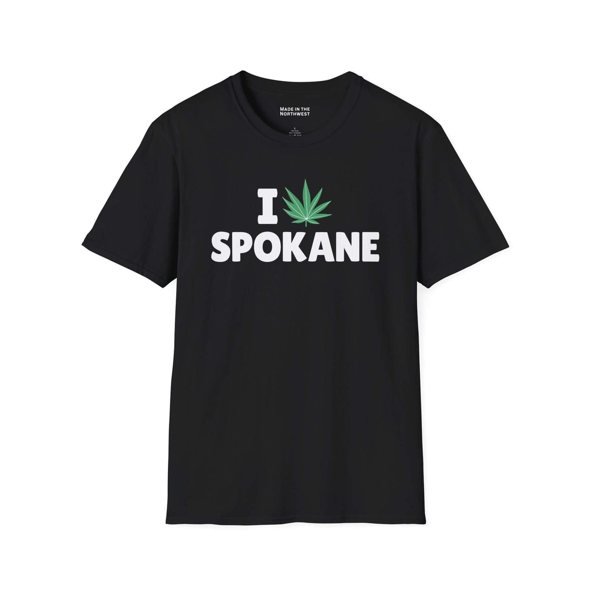 I Marijuana Spokane T Shirt featuring a marijuana leaf design on a black tee.