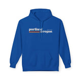 Retro Portland Hoodie in blue with minimalist graphic and warm retro stripes, perfect for casual wear.