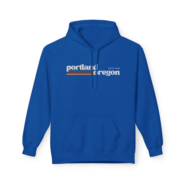 Retro Portland Hoodie in blue with minimalist graphic and warm retro stripes, perfect for casual wear.